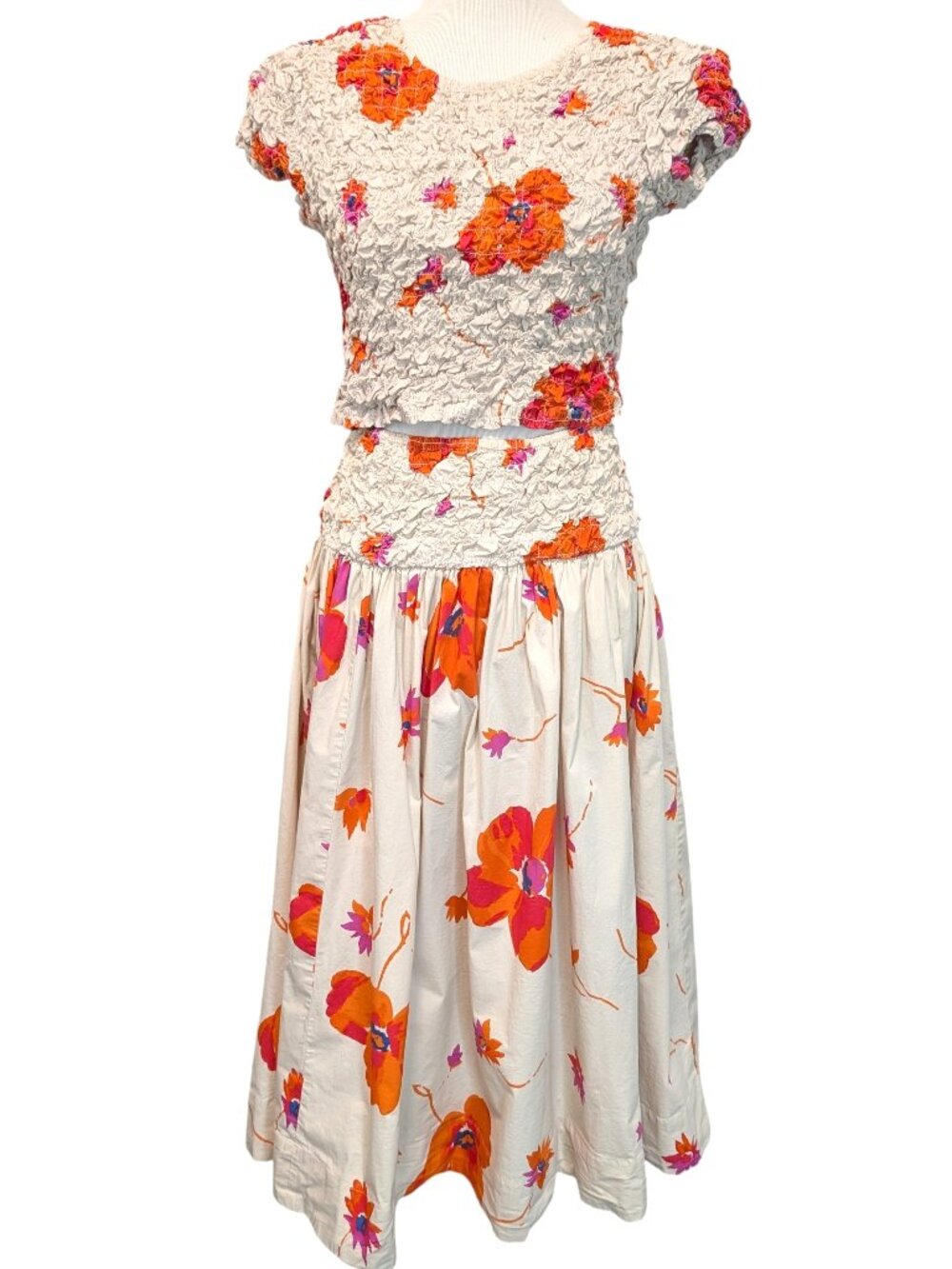 Free People Womens Sz M Tea Combo White Orange Floral Carino Smock Top Skirt Set